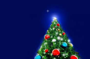Christmas Tree and the north star with stardust on dark blue background