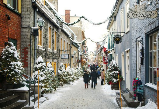 Quebec, Canada - December 21, 2016:  Rue du Petit-Champlain at 21 December, 2016 in Quebec City, Quebec, Canada. Historic District of Quebec City.