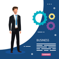 businessman elegant with gears avatar character vector illustration design