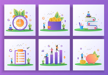 Set of flat design concept. Time management, Earn money, Education, Job list, Investment, Saving money. Can use for web landing page, ui, mobile app, banner template. Vector Illustration