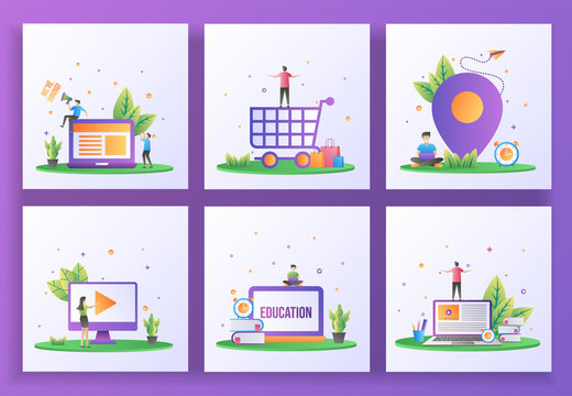 Set of flat design concept. We are hiring, Happy shopping, Location, Video play, Online education, E-Learning. Can use for web landing page, ui, mobile app, banner template. Vector Illustration