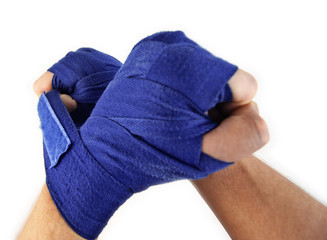 Boxer wraps his hands isolate white background
