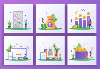 Set of flat design concept. GPS, Accounting, Return On Investment, Updating system, Content creator, Earn money. Can use for web landing page, ui, mobile app, banner template. Vector Illustration