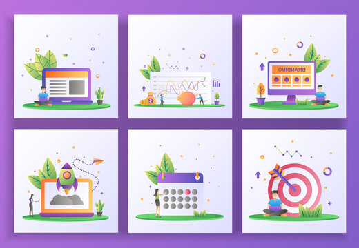 Set of flat design concept. Management, Investment, Branding, Startup, Schedule, Targeting. Can use for web landing page, ui, mobile app, banner template. Vector Illustration