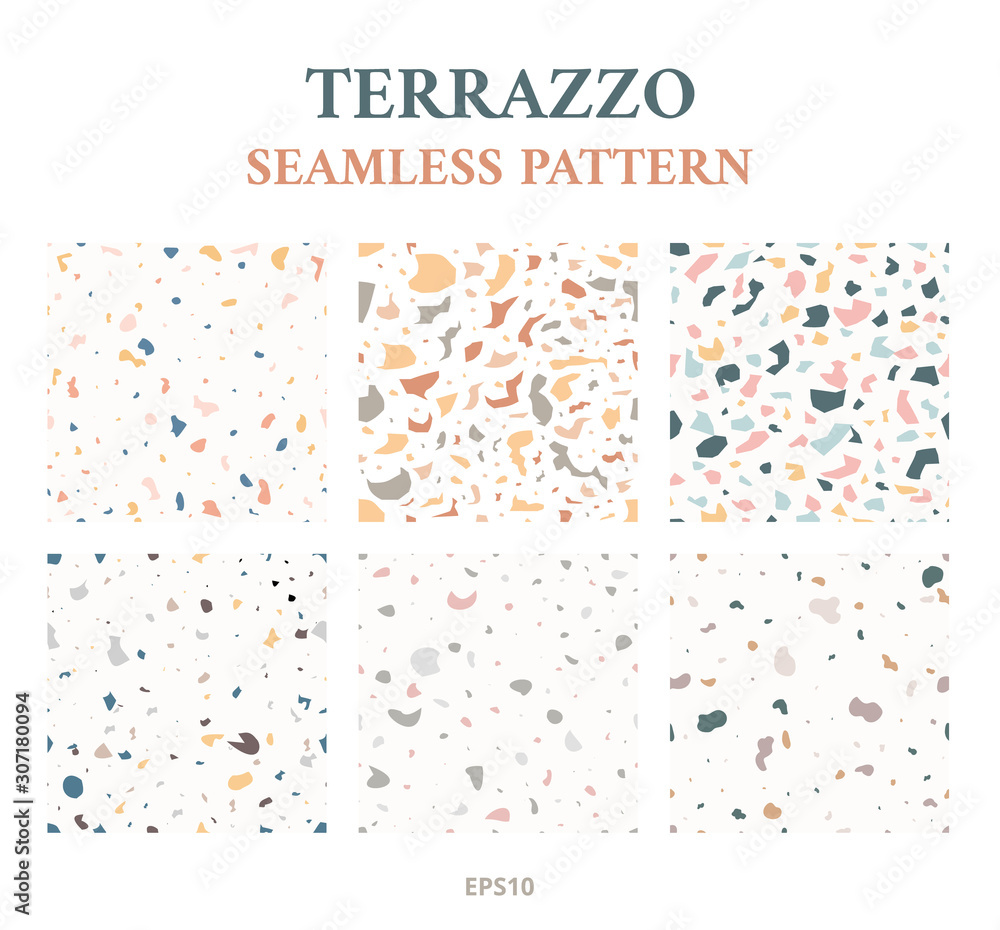 Poster set of terrazzo seamless pattern. marble texture. abstract shapes background with marble or granite 