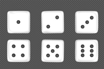 Set of realistic white game dice in different positions isolated on white background with clipping path. Hobbies, professional occupations.Collection different dice casino gambling, 3d illustration