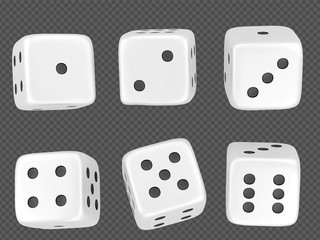 Set of realistic white game dice in different positions isolated on white background with clipping path. Hobbies, professional occupations.Collection different dice casino gambling, 3d illustration