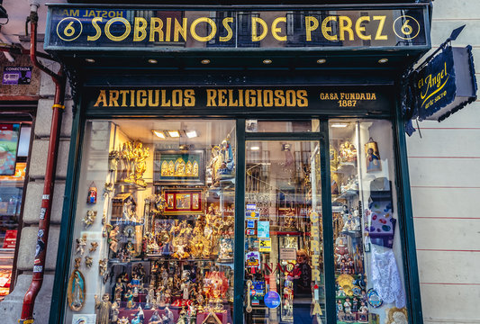 Madrid, Spain - January 23, 2019: Angel Perez Nephews Devotional Articles Store Located On Postas Street In Madrid City