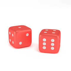 red dice & white dot in different positions isolated on white background with clipping path. Hobbies, professional occupations.Collection different realistic dice casino gambling, 3d illustration
