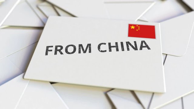 Letter with From China text on pile of other Letters. International mail related conceptual 3D animation