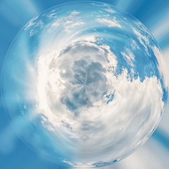 Views of clouds and land from airplane window from a height. Panorama 360