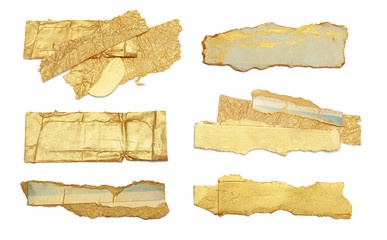 Torn piece of paper with light shadow on white background. Gold and bronze color.