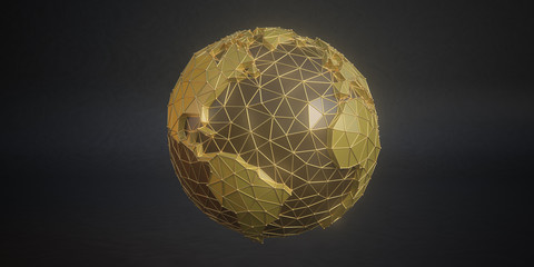 The world is an abstract shape. The sphere consists of a modern triangle.3d polygonal earth icon.Polygonal planet. Low poly design.Virtual continents. Creative technology. 3D render.