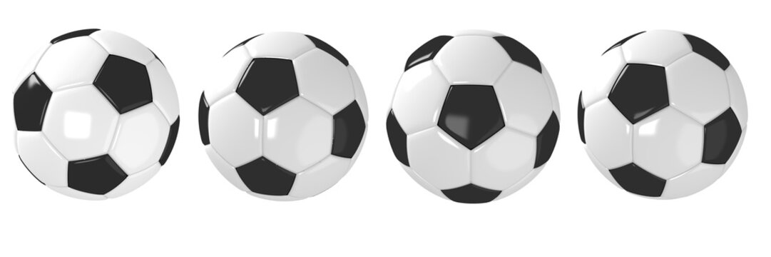 Set of soccer ball with classic design isolated different positions on background with clipping path. highly detailed resolution for creative concept & spot,website,banner, promote, product 3d render