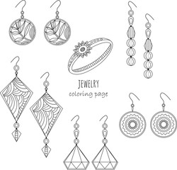 Fototapeta na wymiar Jewelry Earrings Rings Fashion Black and White Outline Coloring page. Coloring book. Detailed coloring illustration. 