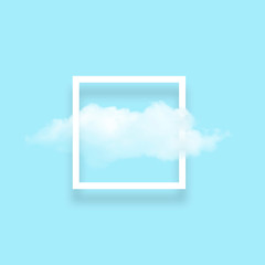 White cloud in snapshot frame illustration. Rectangular border with cotton candy isolated on baby blue color background. Creative artistic composition, stylish cloud photo on turquoise backdrop