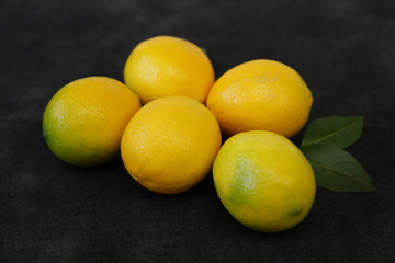 Juicy lemons on a branch with leaves on a black background. Organic fruits for a healthy diet. Close-up.