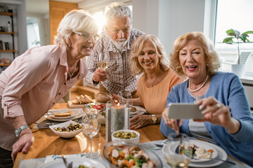 Happy seniors friends having fun while taking selfie during lunch at home.