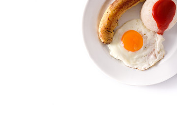 Arroz a la cubana.Typical Cuban rice with fried banana and fried egg on a plate isolated on white background. Top view	