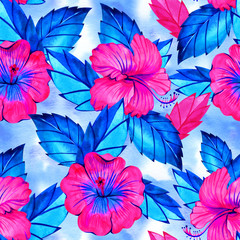Seamless hibiscus summer fashion floral pattern. Tropical flowers and exotic leaves. Watercolor illustration on neon rainbow background