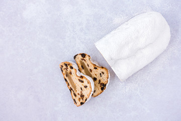 Homemade Stollen, Christstollen with Marzipan Cut in Slices