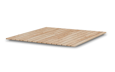 Empty light wooden shelves or counter top isolated on white background with clipping path. Highly detailed resolution on top view for any design. Use as products display montage. 3D illustration