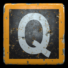 Public road sign orange and black color with a capital letter Q in the center isolated on black background. 3d