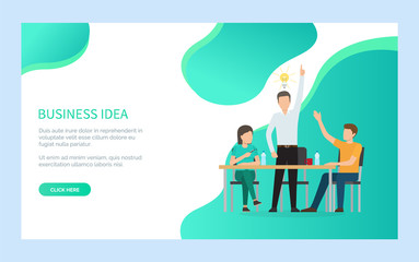 Business idea online, man creating idea, teamwork of man and woman on workplace, people sitting at table with bottles, process and creative vector. Website or webpage template, landing page flat style