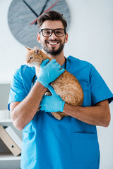 cheerful veterinarian looking at camera while holding red tabby cat on hands