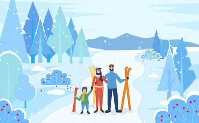 Family stand together in winter snowy forest. Mother, father and child with skis. People ready to go skiing on downhill. Parents spend time with kid doing wintertime activity. Vector illustration