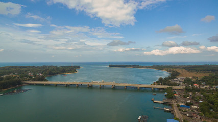 aerial view Sarasin bridge connect Phang Nga province to Phuket island. .The old bridge was renovated to be a tourist attraction and a viewpoint in the middle of the sea..