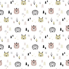Seamless pattern with animal faces and trees. Doodle scandinavian style texture background with hedgehog,squirrel and bear.