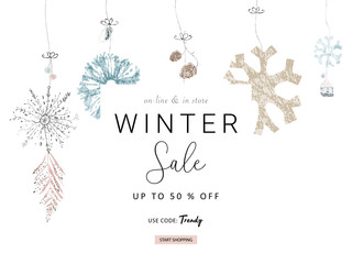 Social media banner template for advertising winter arrivals collection or seasonal sales promotion. Cute hand drawn background with Christmas tree decoration elements imitating watercolor paintings