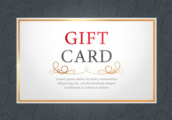 Fototapeta na wymiar Gift card decorated by curly symbols and text template on white. Holiday postcard or coupon object with colorful lettering. Invitation banner icon with decorative elements and red frame vector