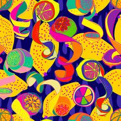 Modern seamless stylized design with citrus in pop-art style. Can be used for printing on paper, packaging, decorations, cards, textiles. 