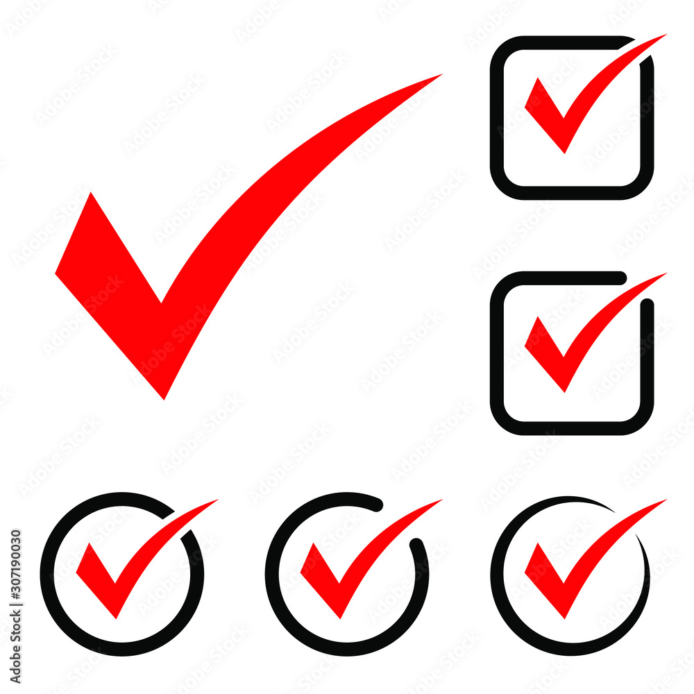 Poster red tick icon vector symbol, checkmark isolated on white background, checked icon or correct choice 