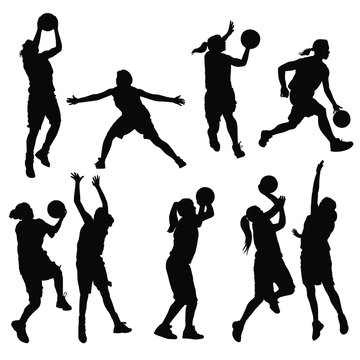 Vector silhouettes of girls highschool basketball players.