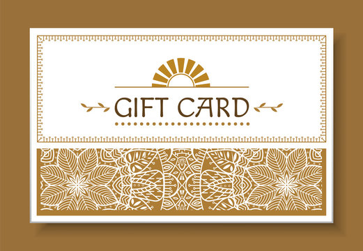 Festive gift card with mandala isolated on brown. Greeting postcard with repeated decorative design, geometric waves on paper. Template of shopping certificate. Vector illustration in flat style