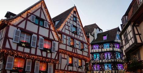 Colmar, France - Traditional Alsatian half-timbered houses Christmas decorated city in Alsace