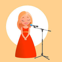 Beautiful blonde girl singing into a microphone. Dressed in a red evening dress. Cartoon vector illustration.