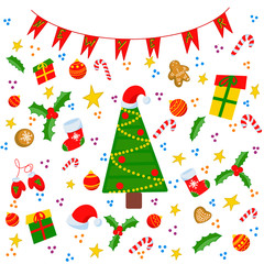 Set of Christmas or new year items. Christmas tree, sweets, balls, stars, gifts, Santa hat, and other items. Flags with the inscription new year. Vector illustration