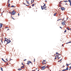 Frame of contour red, white, blue flowers and leaves on white background. Copy space. Hand drawn. For your design, greeting cards, wedding invitation. Vector floral stock illustration.