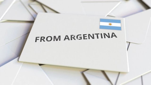 Envelope with From Argentina text on pile of other envelopes. International mail related conceptual 3D animation