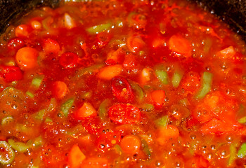 Mexican sauce salsa ranchera, made with onions, garlic, chilli, toasted cumin seeds, Tomatoes. mexican oregano and green peppers