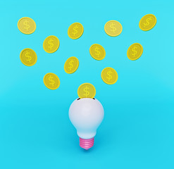 Light Bulb with many Coins Isolated on blue background. Business creative Idea concept, minimal style. 3d rendering