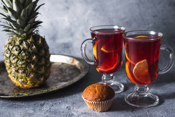 mulled wine a delicious holiday with spices from orange cinnamon and star anise. Traditional hot drink