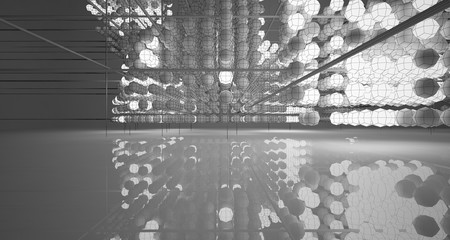 Abstract architectural white interior of  spheres with neon lighting. Drawing. 3D illustration and rendering.