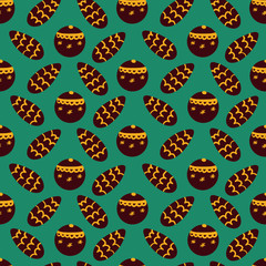 Christmas and New Year pattern with Christmas decorations pine cone and ball on a blue background. Holiday vector illustration.