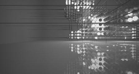 Abstract architectural white interior of  spheres with neon lighting. Drawing. 3D illustration and rendering.