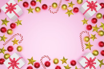 Obraz premium Top view Christmas and New Year pink background with copy space frame, 3d rendering.
